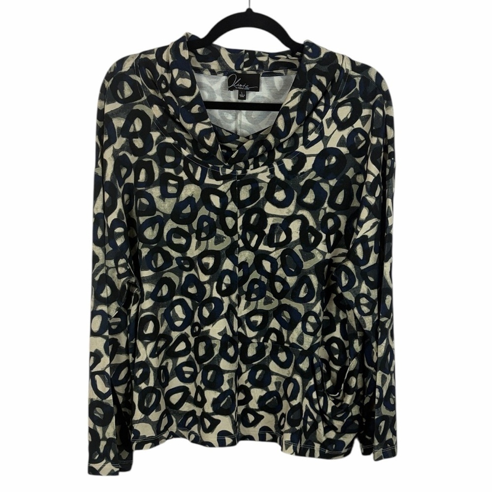 Olivia by Habitat Cowl Neck Top Navy Cream Abstract Print Size Large
